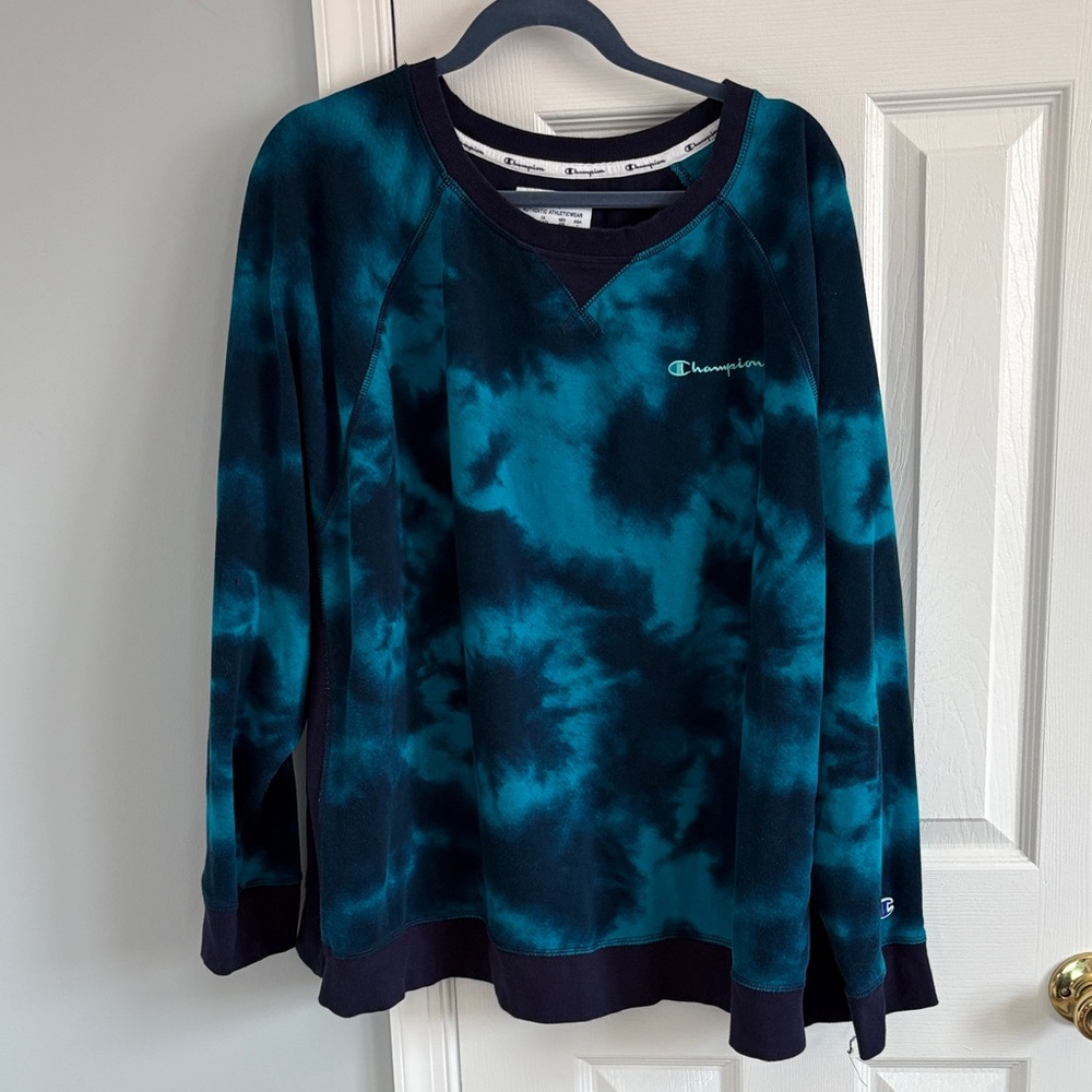 Champion Tie-Dye Crewneck Long Sleeve Sweatshirt Blue Size 4X Ribbed Details